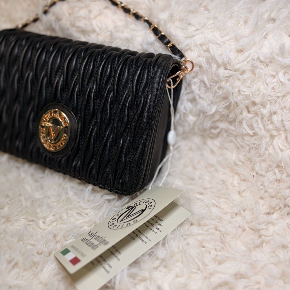 NWT Valentino Orlandi Black Crossbody Bag Wavy Quilted Wallet Gold Chain Strap - Picture 11 of 12